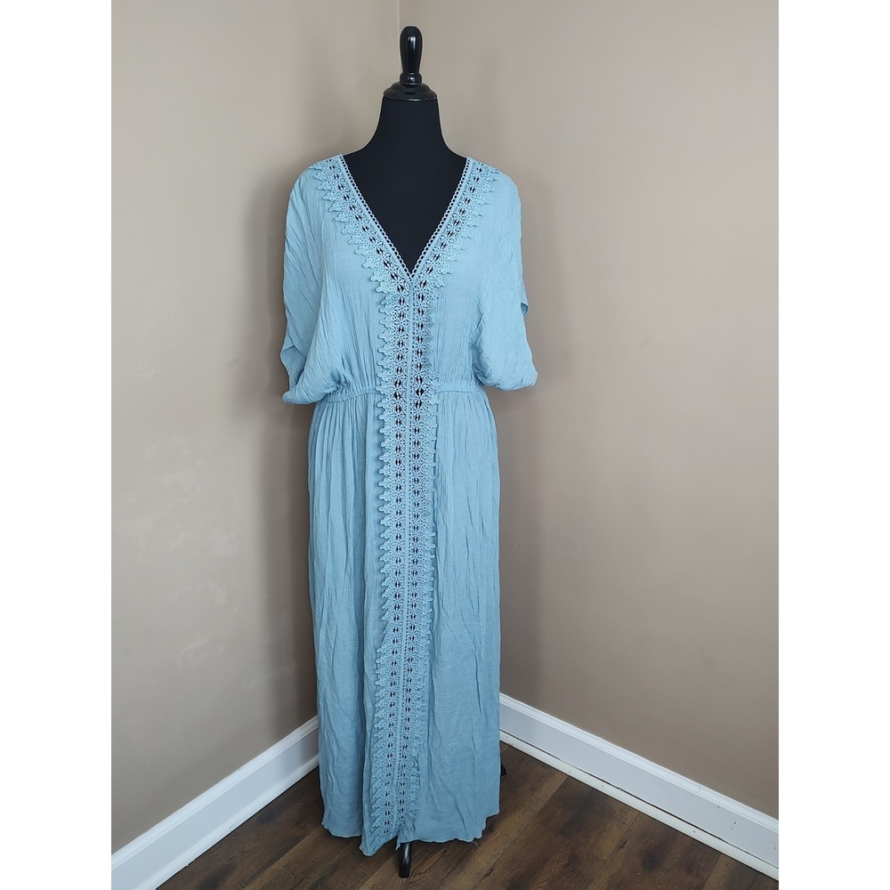 Hyfve Womens Light Blue Crinkle Gauze Crochet Lace Trim V-Neck Maxi Dress L